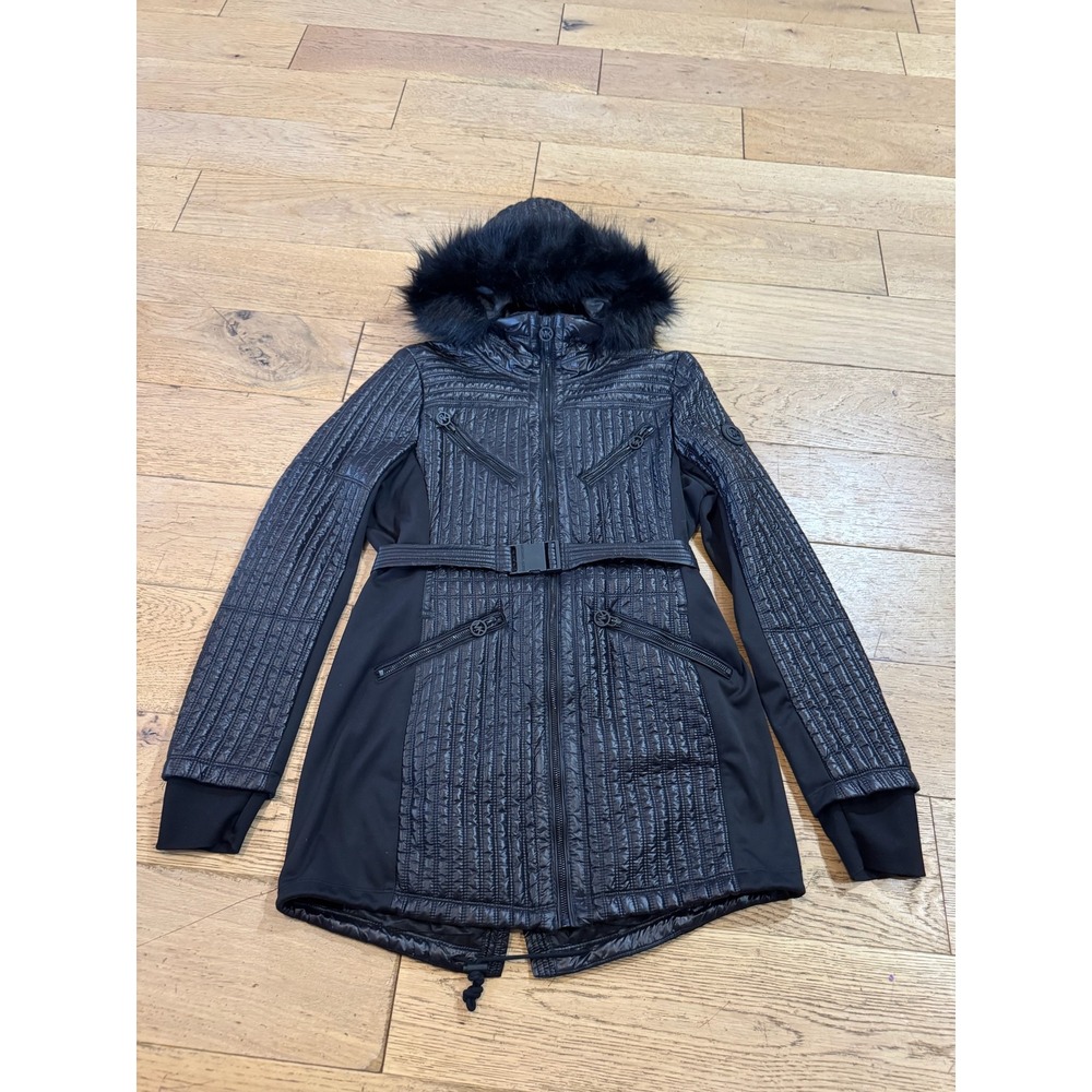 Michael Kors Black Quilted Fur Hood Belted Puffer Jacket Womens Size M